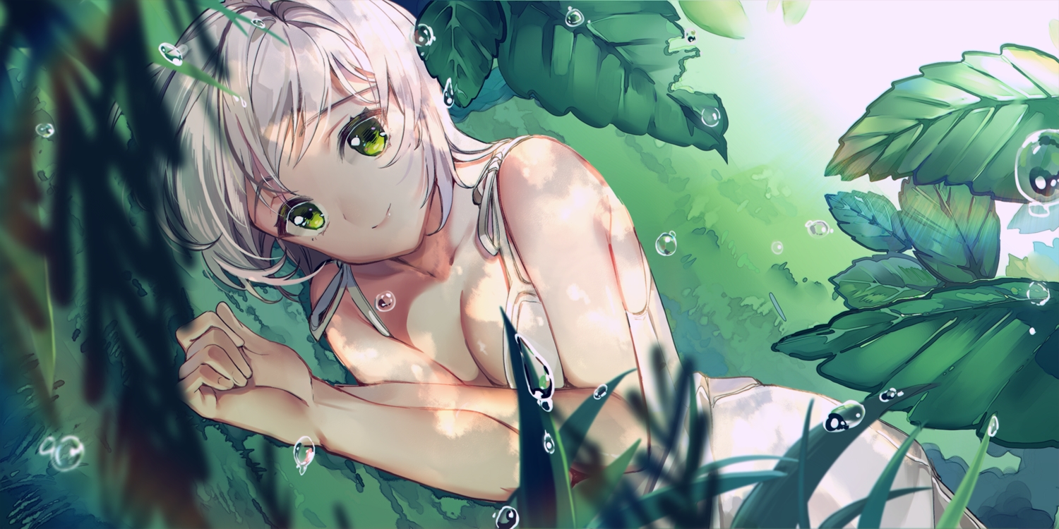 adcd, breasts, cleavage, green, green_eyes, leaves, original, short_hair, water, white_hair