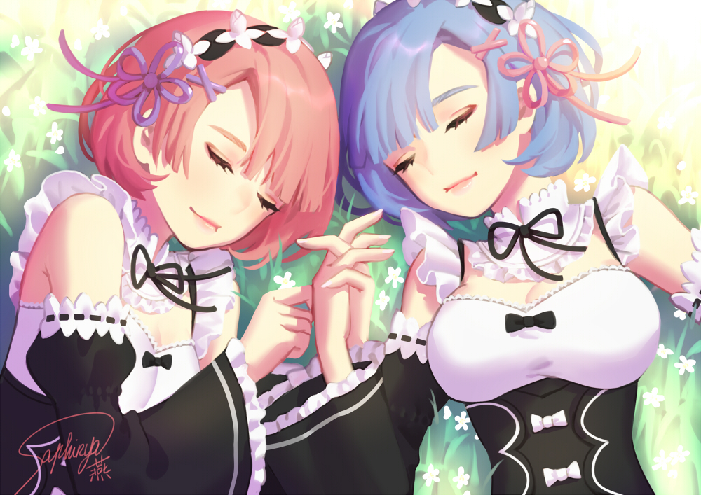 2girls, blue_hair, bow, flowers, grass, headdress, maid, pink_hair