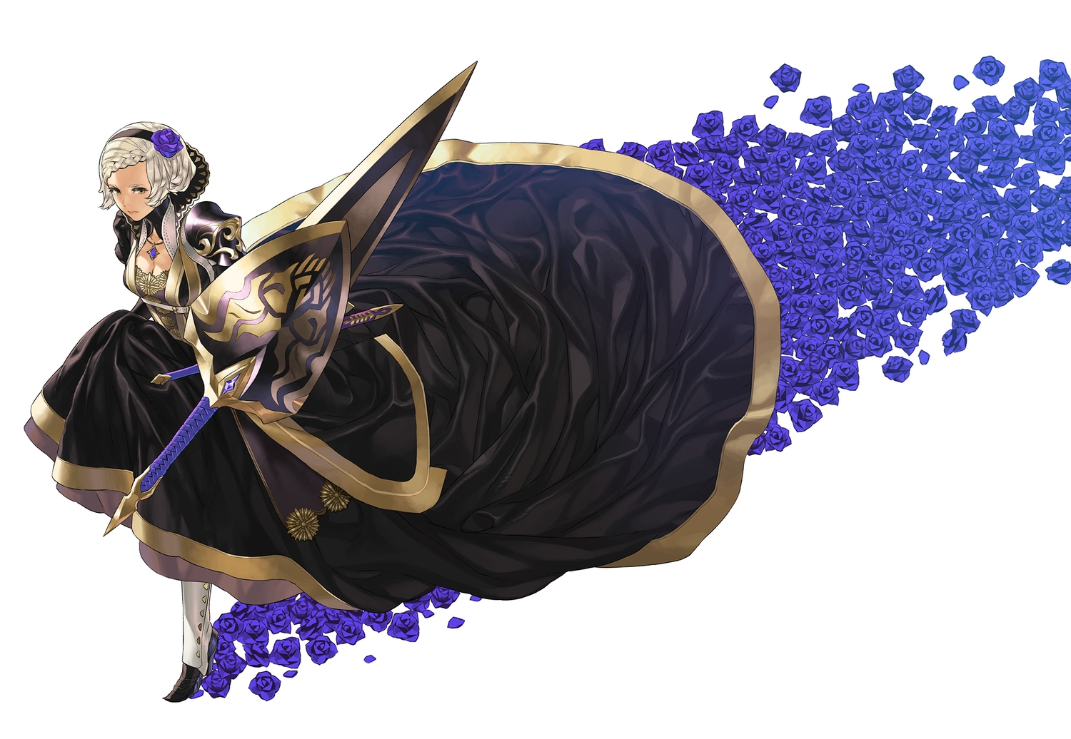 armor, breasts, cleavage, dress, flowers, gray_hair, headband, kymg, necklace, rose, short_hair, sword, weapon, white, yellow_eyes