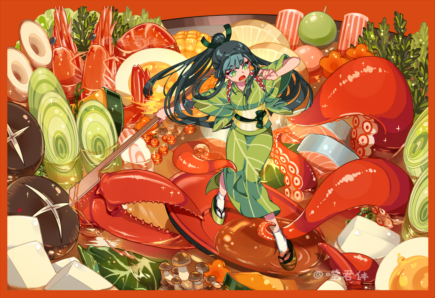 black_hair, food, green_eyes, japanese_clothes, kimono, long_hair, original, ponytail, shi_jun_ti, signed, socks, tentacles