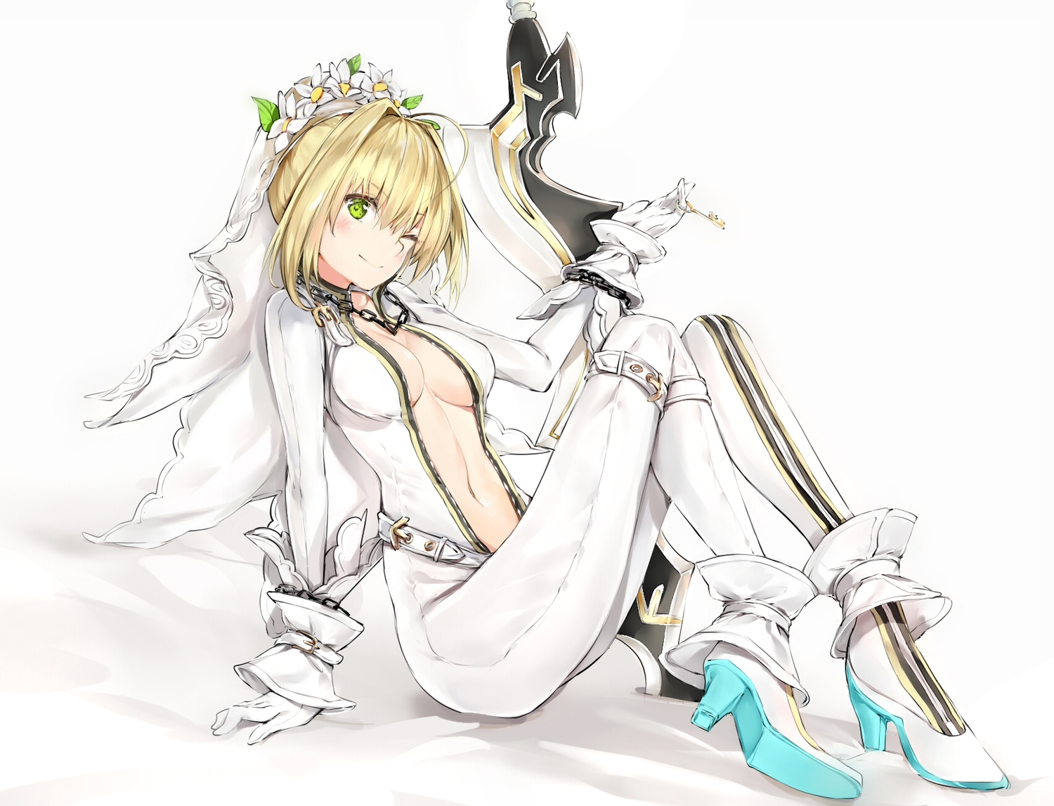 aliasing, artoria_pendragon_(all), blonde_hair, blush, breasts, chain, fate/grand_order, fate_(series), flowers, green_eyes, navel, nero_claudius_(bride), no_bra, saber, short_hair, silver_(chenwen), weapon, white, wink