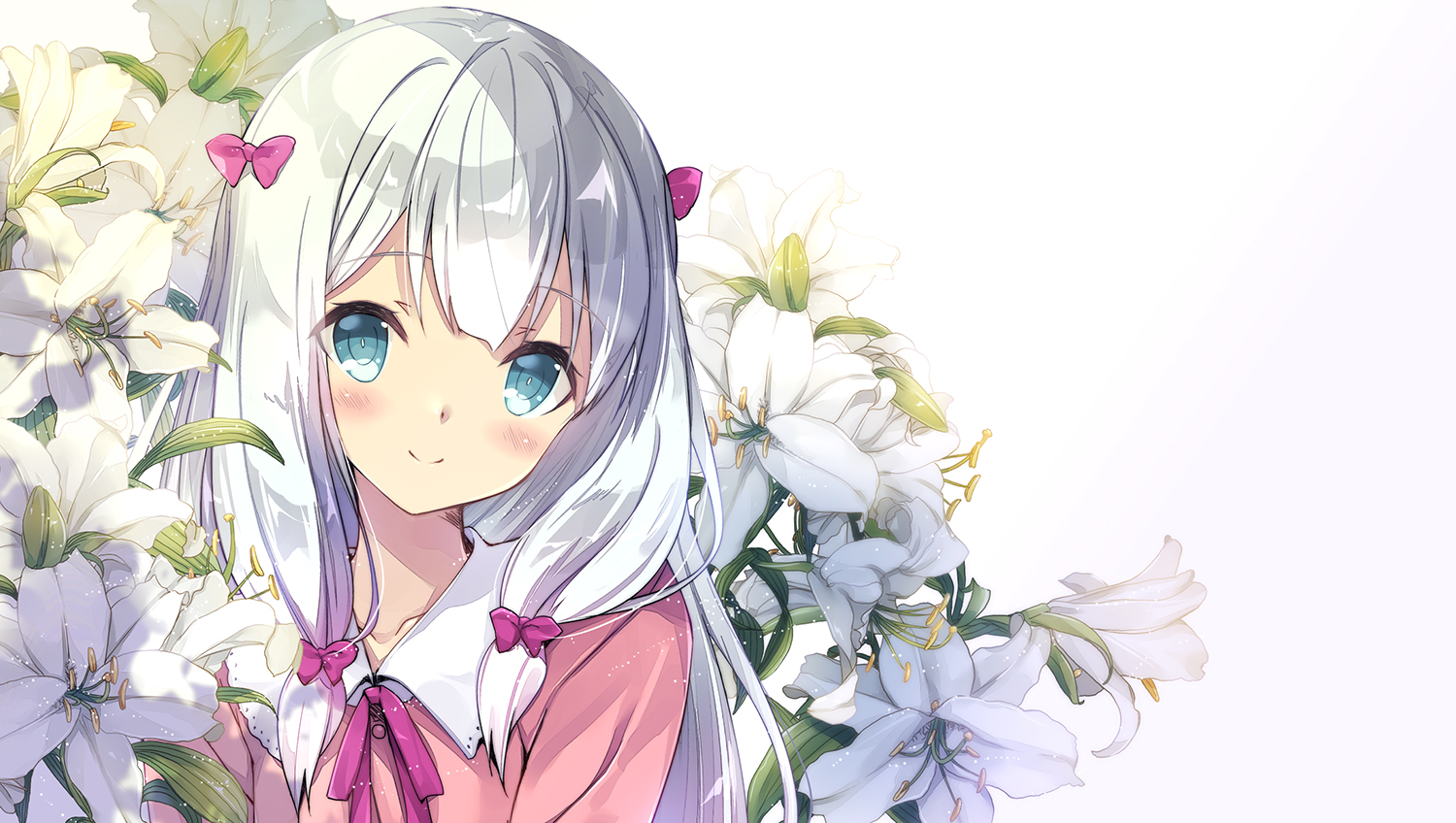 aqua_eyes, blush, bow, eromanga-sensei, flowers, gray_hair, izumi_sagiri, kobayashi_chisato
