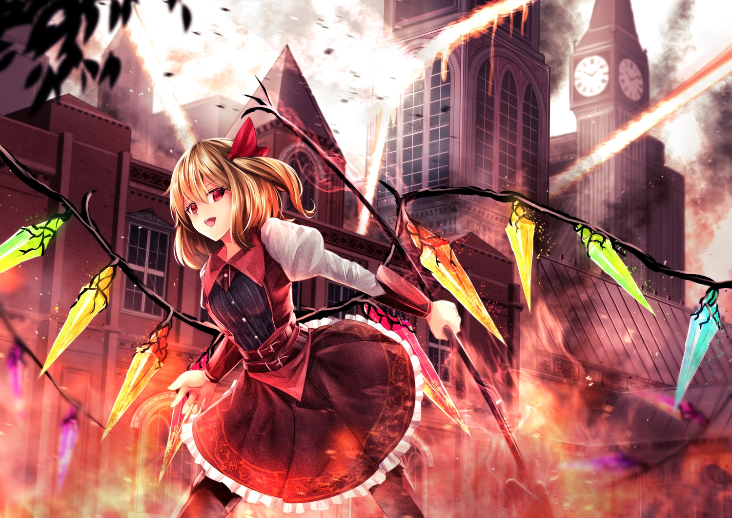 blonde_hair, building, city, dress, flandre_scarlet, hat, red_eyes, short_hair