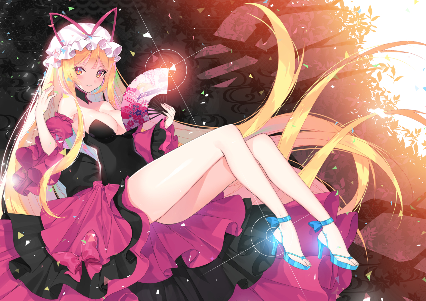 blonde_hair, bow, breasts, brown_eyes, dress, fan, hat, jeminl