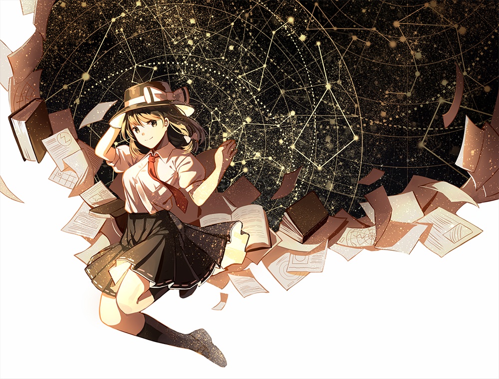 book, bow, brown_eyes, brown_hair, hat, kneehighs, long_hair, paper