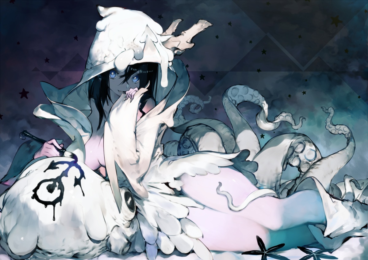 blonde_hair, blue_eyes, breasts, hood, original, short_hair, tentacles, toridamono