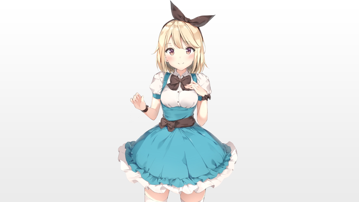 alice_in_wonderland, alice_(wonderland), blonde_hair, blush, bow, dress, headband, kuran_(yourcatissick), purple_eyes, ribbons, short_hair, thighhighs, white