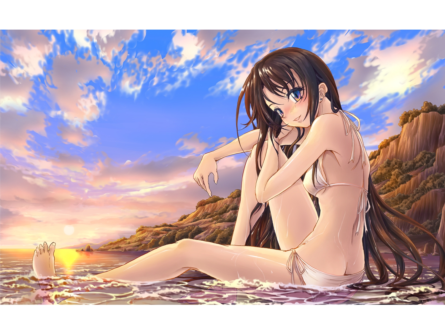 bikini, blush, clouds, long_hair, naka_(nicovideo14185763), original, sky, sunset