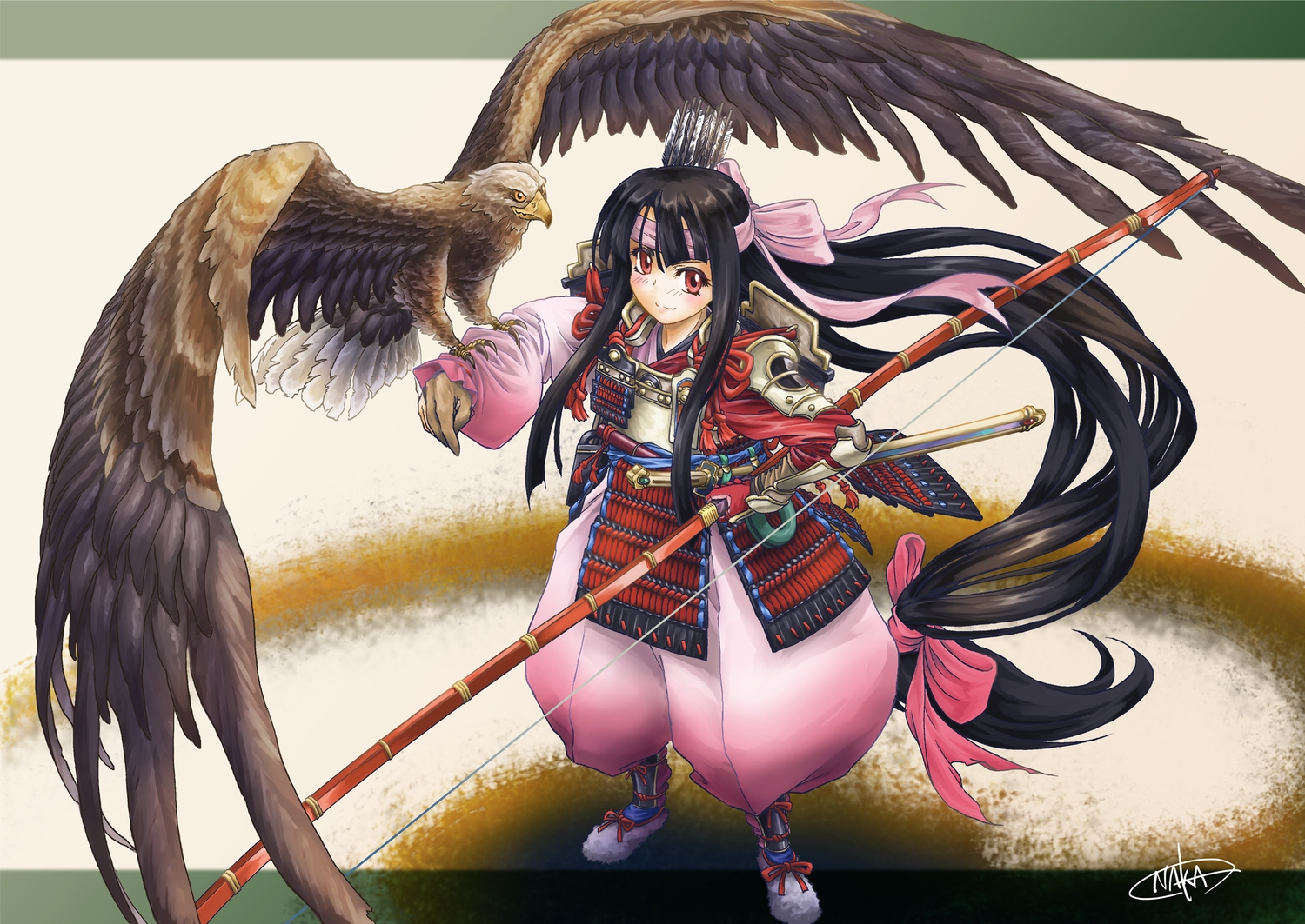 animal, bird, bow_(weapon), long_hair, naka_(nicovideo14185763), original, samurai, weapon
