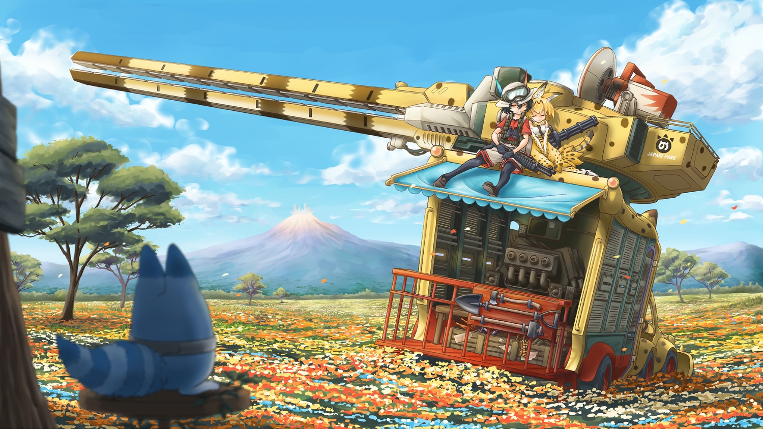 animal_ears, anthropomorphism, black_hair, blonde_hair, bow, car, catgirl, clouds, combat_vehicle, elbow_gloves, flowers, gloves, goggles, gun, hat, kaban, kemono_friends, lucky_beast_(kemono_friends), metal_max, naka_(nicovideo14185763), pantyhose, serval, short_hair, shorts, sky, sleeping, tail, tree, weapon