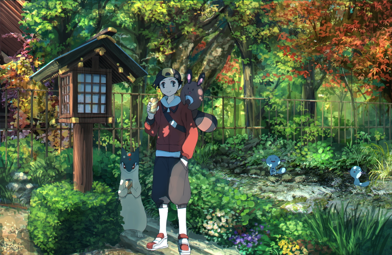 all_male, black_hair, forest, grass, gray_eyes, hat, hibiki, male