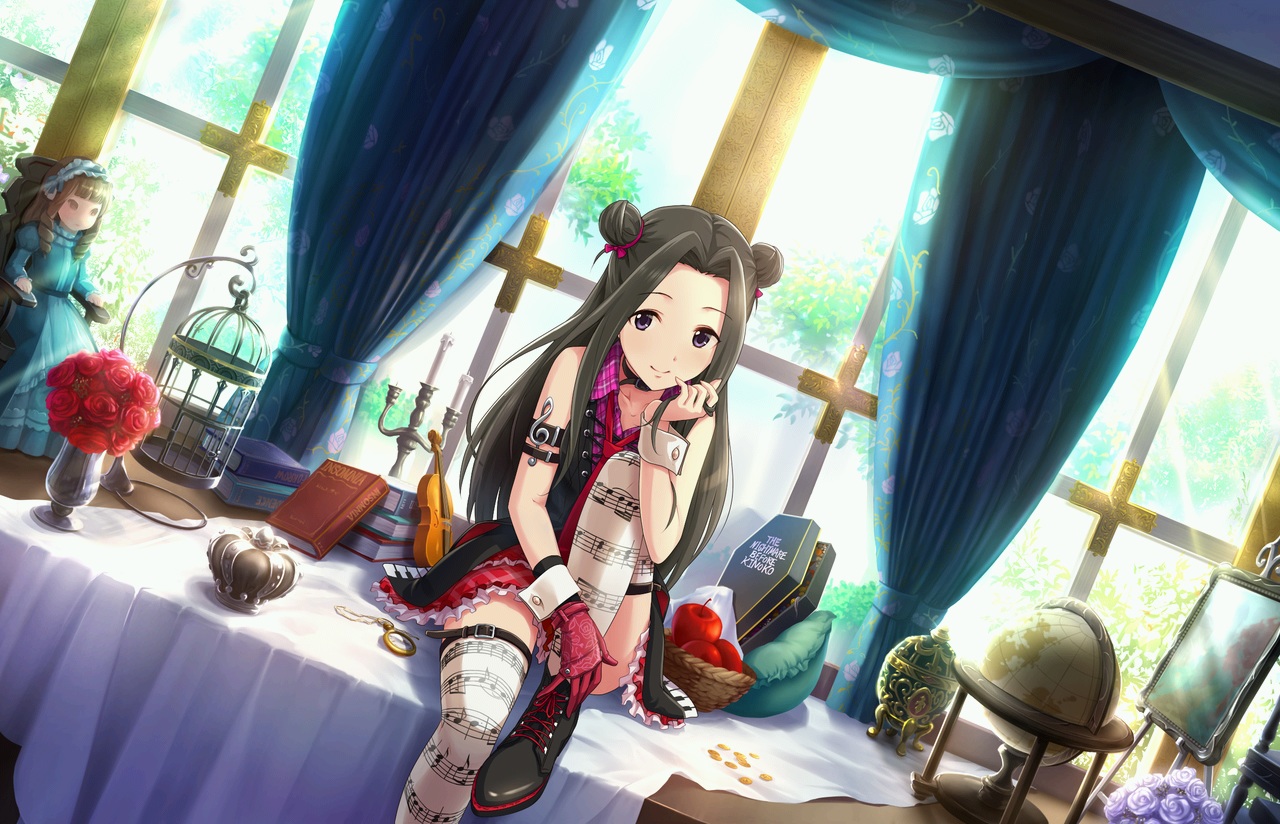 annin_doufu, apple, book, brown_hair, doll, flowers, food, fruit, gloves, idolmaster, idolmaster_cinderella_girls, idolmaster_cinderella_girls_starlight_stage, instrument, long_hair, purple_eyes, skirt, suzumiya_seika, thighhighs, violin