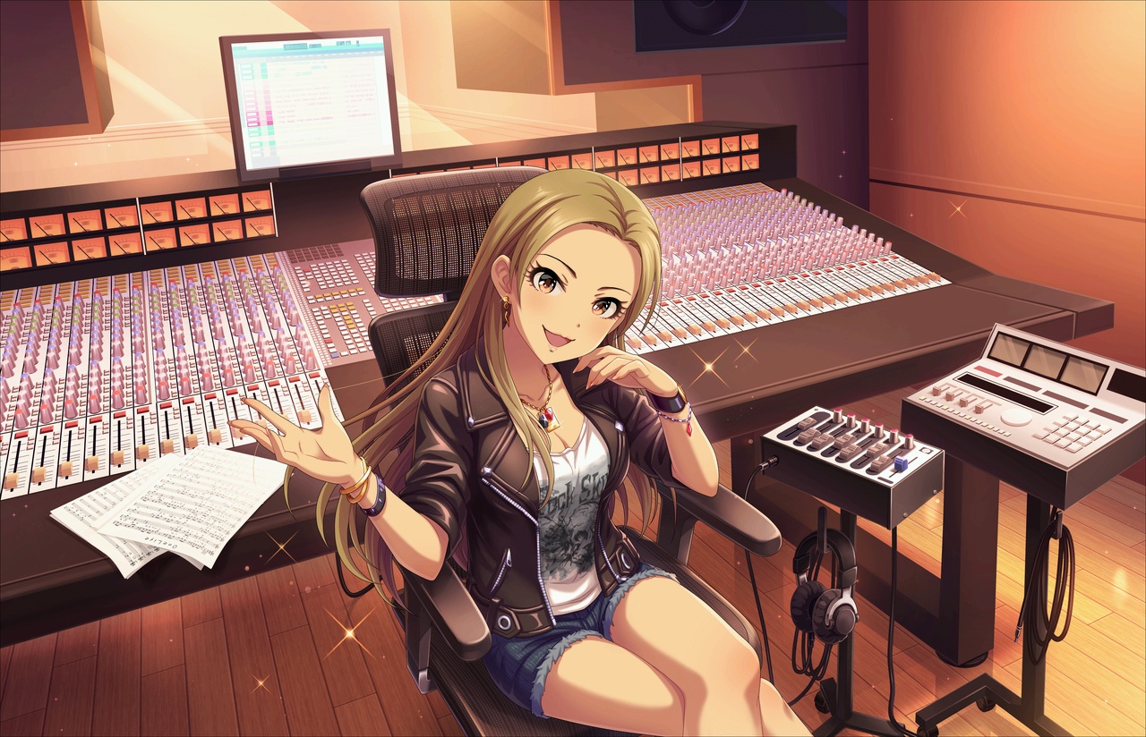 annin_doufu, brown_eyes, brown_hair, headphones, idolmaster, idolmaster_cinderella_girls, idolmaster_cinderella_girls_starlight_stage, long_hair, matsunaga_ryo, necklace, paper, shorts