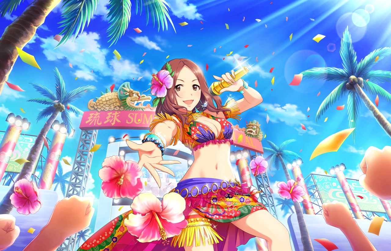 annin_doufu, bikini, breasts, brown_eyes, brown_hair, clouds, flowers, idolmaster, idolmaster_cinderella_girls, idolmaster_cinderella_girls_starlight_stage, microphone, navel, sawada_marina, short_hair, sky, swimsuit, tree