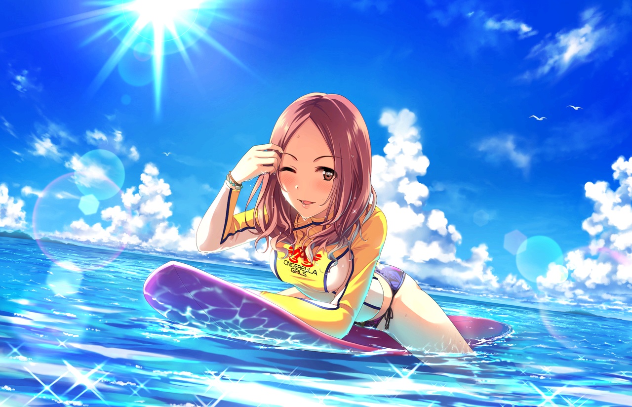 animal, annin_doufu, bikini, bird, blush, breasts, brown_eyes, brown_hair, clouds, idolmaster, idolmaster_cinderella_girls, idolmaster_cinderella_girls_starlight_stage, sawada_marina, short_hair, sky, swimsuit, water, wet, wink