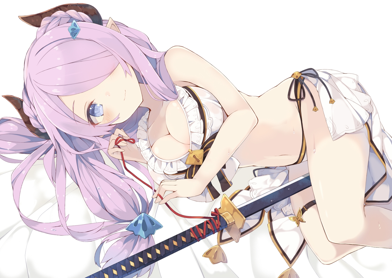 aqua_eyes, bikini, blush, breasts, cleavage, granblue_fantasy, horns, narmaya_(granblue_fantasy), nibiiro_shizuka, pointed_ears, purple_hair, swimsuit, sword, weapon