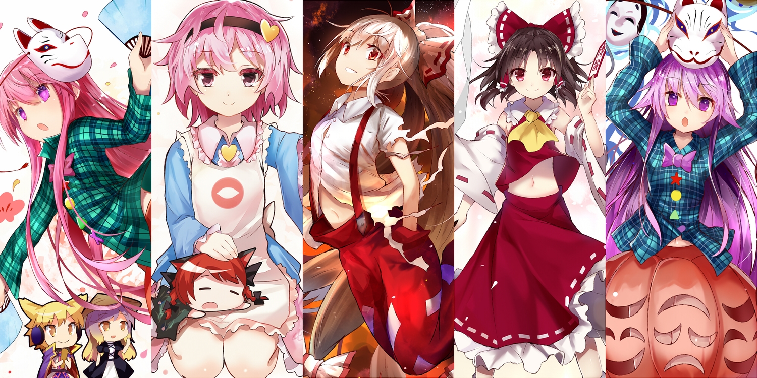 animal_ears, catgirl, chibi, efe, fujiwara_no_mokou, hakurei_reimu, hata_no_kokoro, hijiri_byakuren