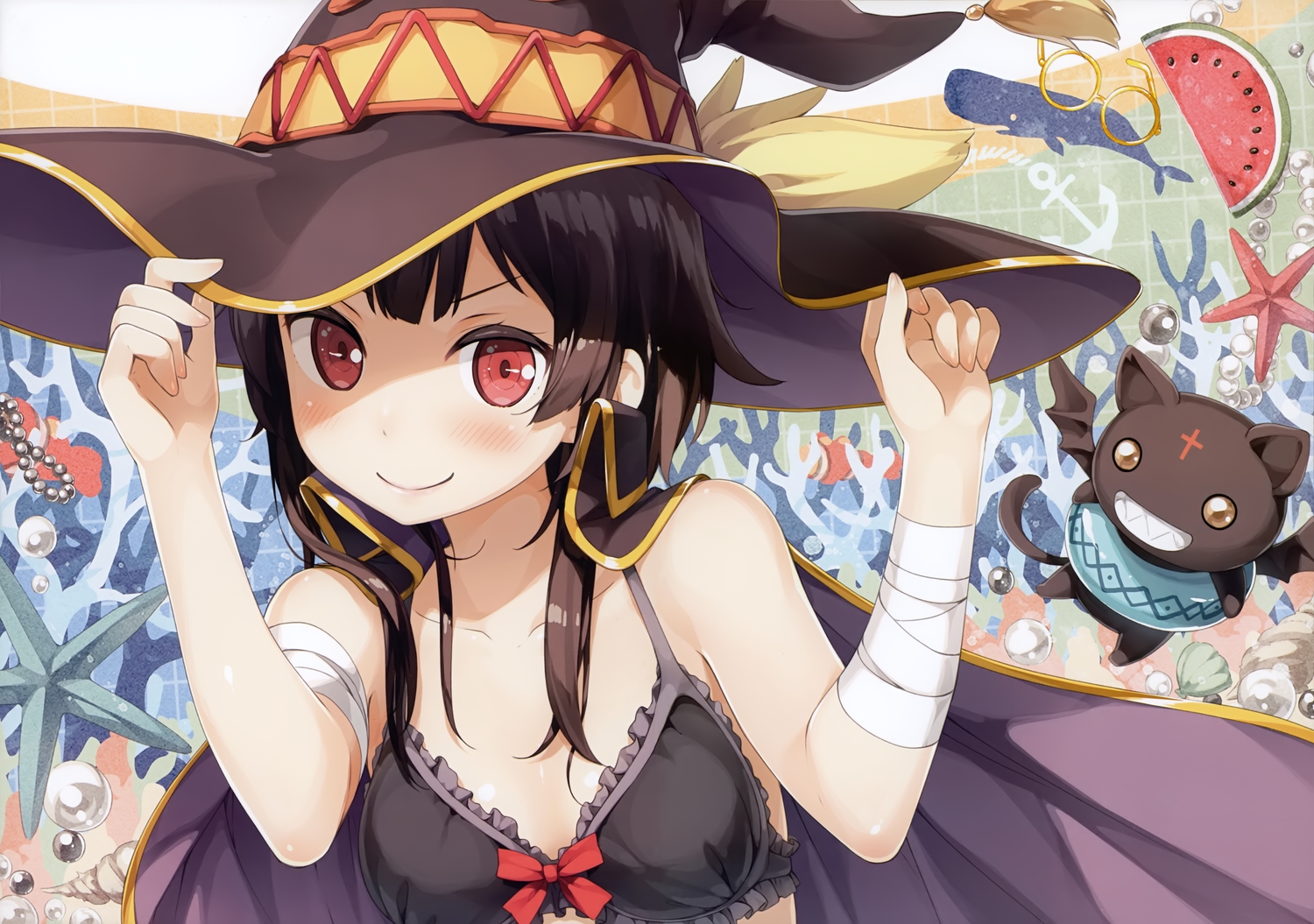 animal, bandage, bikini_top, blush, brown_hair, cat, chomusuke, hat, kantoku, kono_subarashii_sekai_ni_shukufuku_wo!, megumin, red_eyes, scan, short_hair, wings, witch_hat