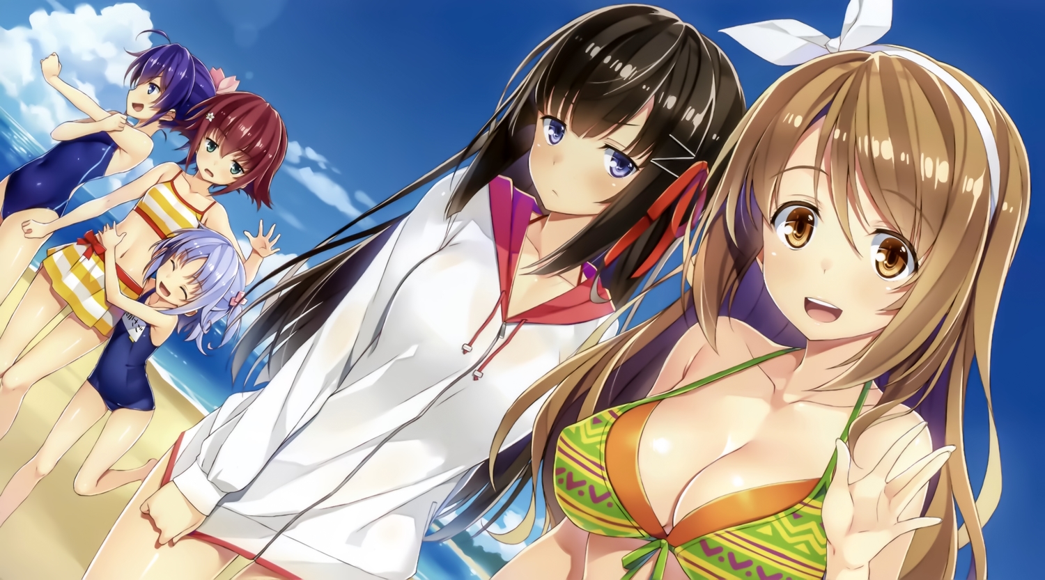 beach, bikini, black_hair, blue_eyes, blue_hair, brown_eyes, brown_hair, clouds