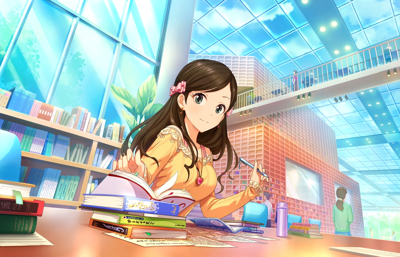 annin_doufu, book, bow, brown_hair, etou_misaki, green_eyes, idolmaster, idolmaster_cinderella_girls, idolmaster_cinderella_girls_starlight_stage, long_hair, necklace