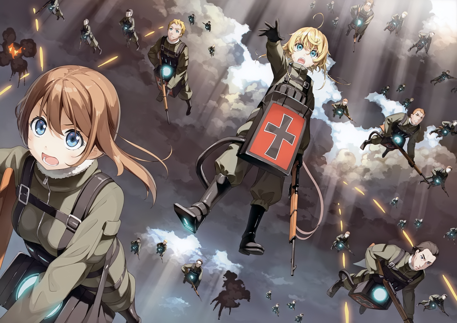 aqua_eyes, blonde_hair, boots, brown_hair, clouds, gloves, group, kantoku
