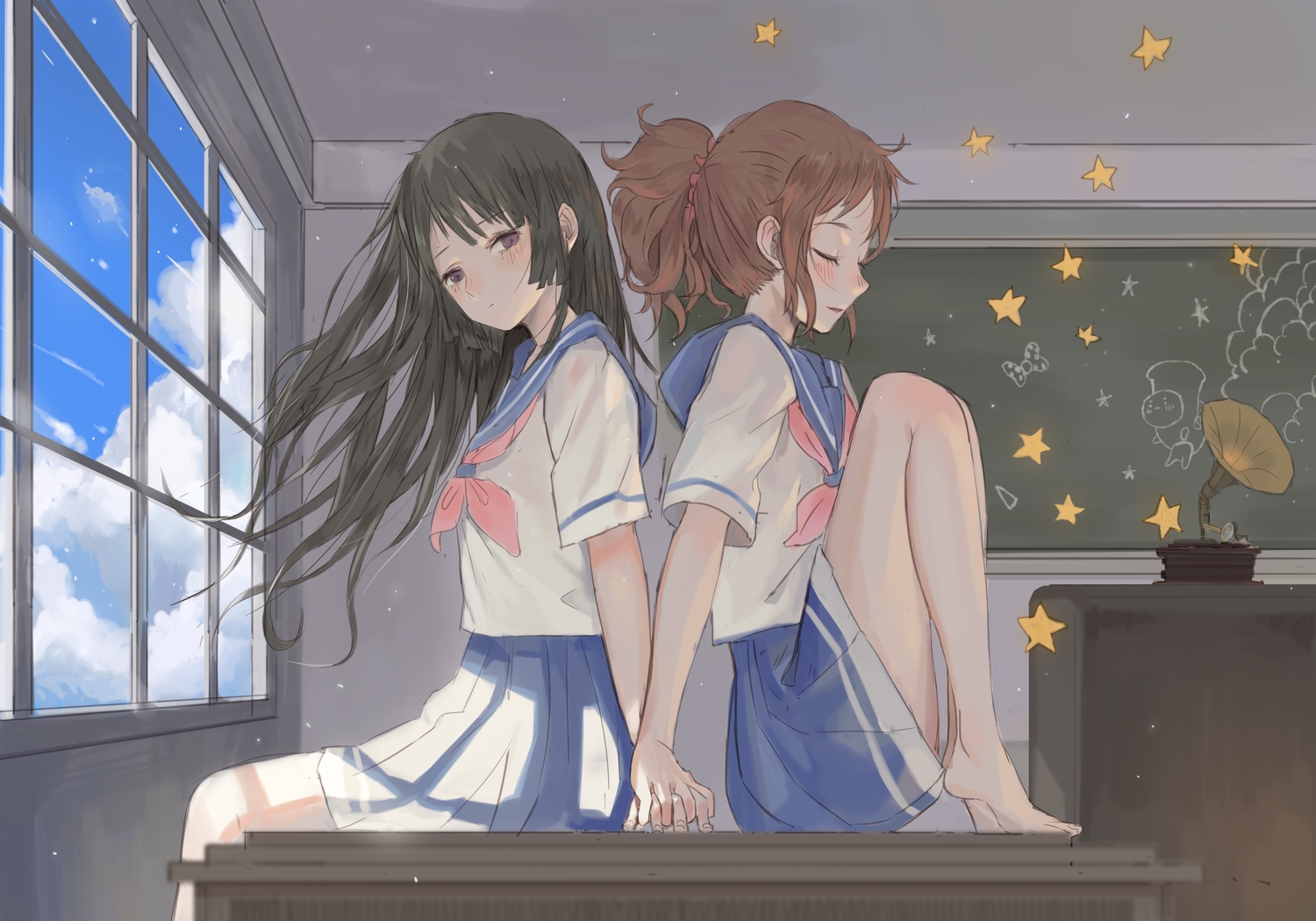 barefoot, black_hair, blush, brown_hair, hibike!_euphonium, kousaka_reina, long_hair, oumae_kumiko, school_uniform, shrimp_cc, skirt