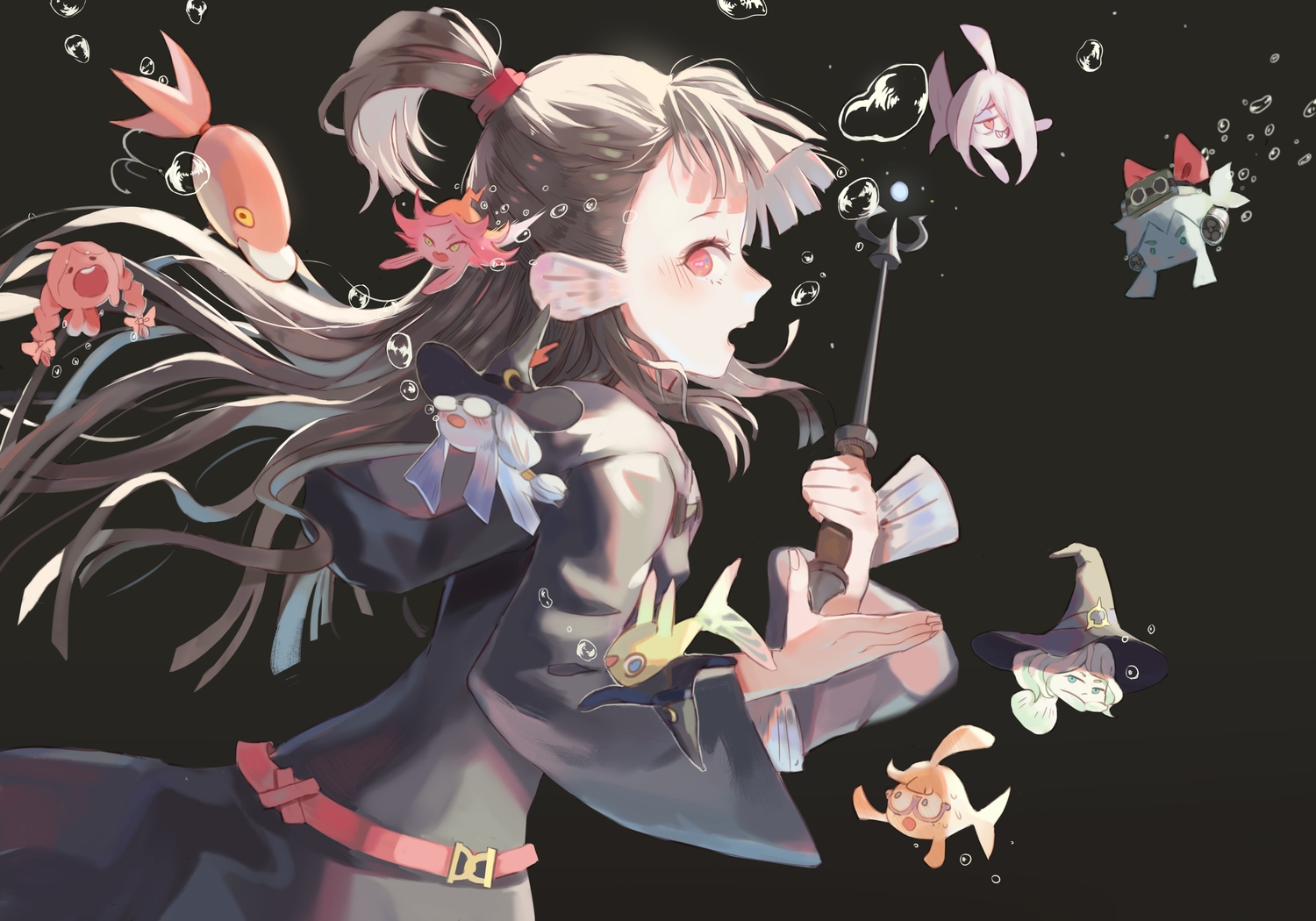 animal, bubbles, fish, hat, kagari_atsuko, little_witch_academia, lotte_yanson, pisces_sensei, shrimp_cc, sucy_manbavaran, ursula_charistes, wand, witch_hat
