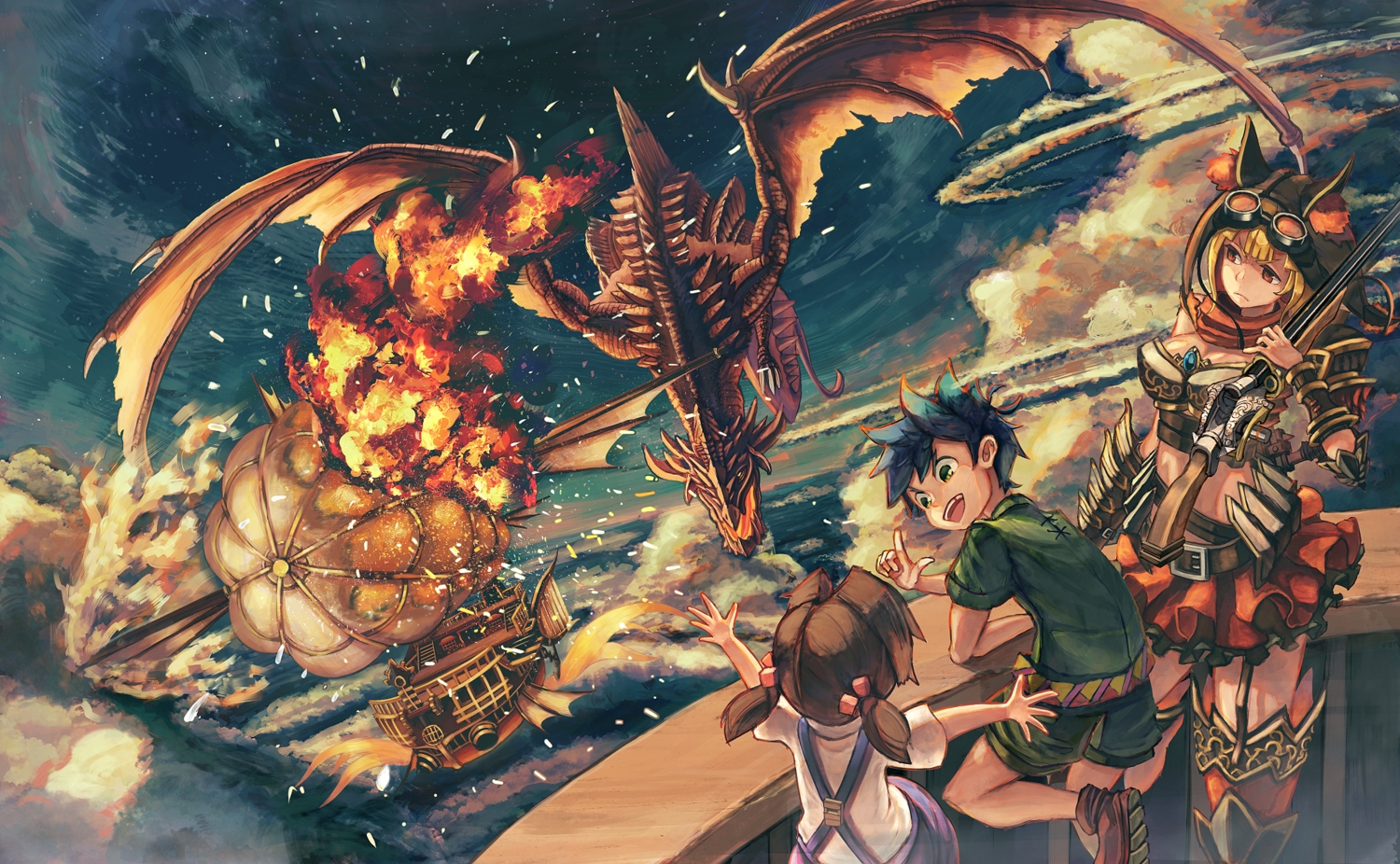 airship, clouds, dragon, loli, male, original, shiimo, sky