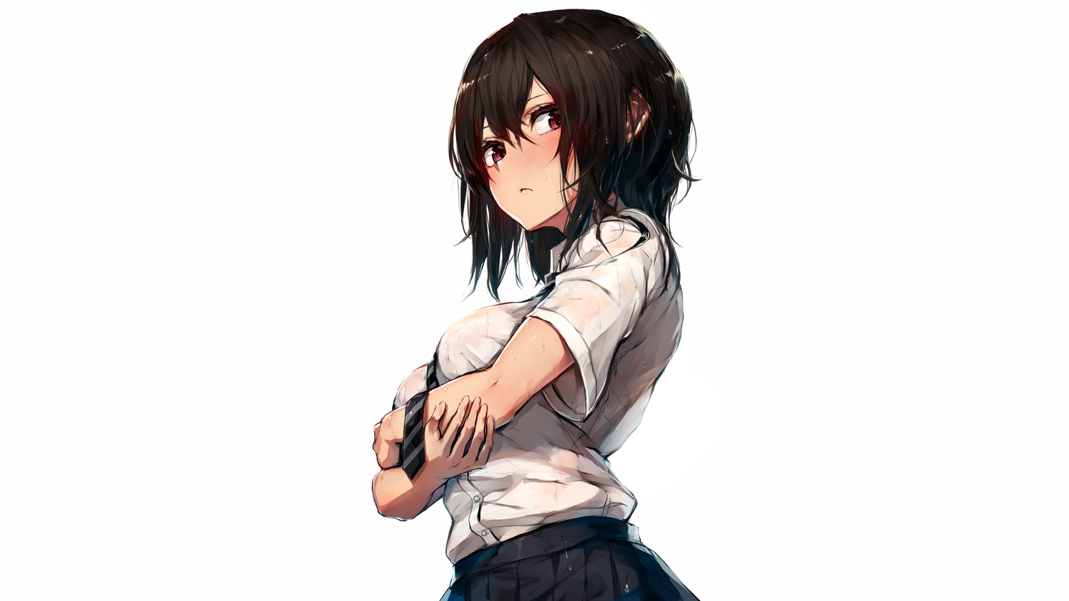 blush, breast_hold, breasts, brown_hair, original, oyu_(sijimisizimi), red_eyes, school_uniform