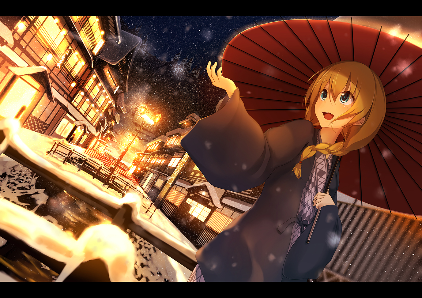 aqua_eyes, blonde_hair, building, city, long_hair, original, ryuuguu_yassuu, snow