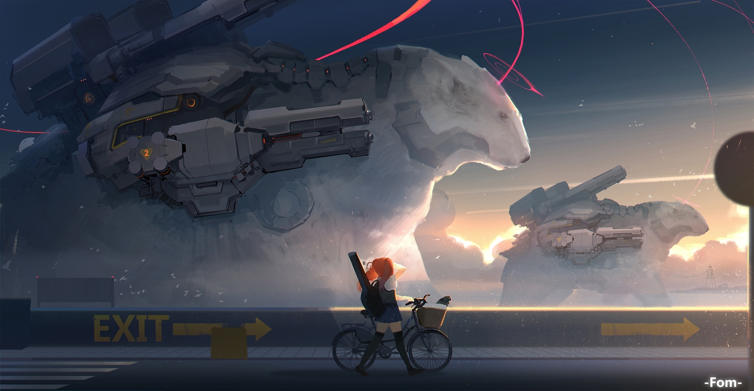 animal, bear, bicycle, clouds, fom_(lifotai), gun, instrument, long_hair