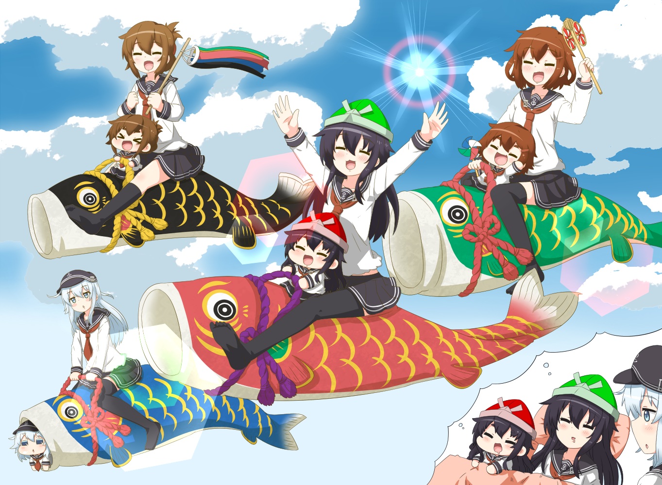 akatsuki_(kancolle), anthropomorphism, aqua_eyes, aqua_hair, black_hair, blush, brown_hair, cat_smile, chibi, clouds, fang, group, hat, hibiki_(kancolle), ikazuchi_(kancolle), inazuma_(kancolle), kantai_collection, kneehighs, long_hair, school_uniform, short_hair, skirt, sky, sleeping, thighhighs, yuureidoushi_(yuurei6214)