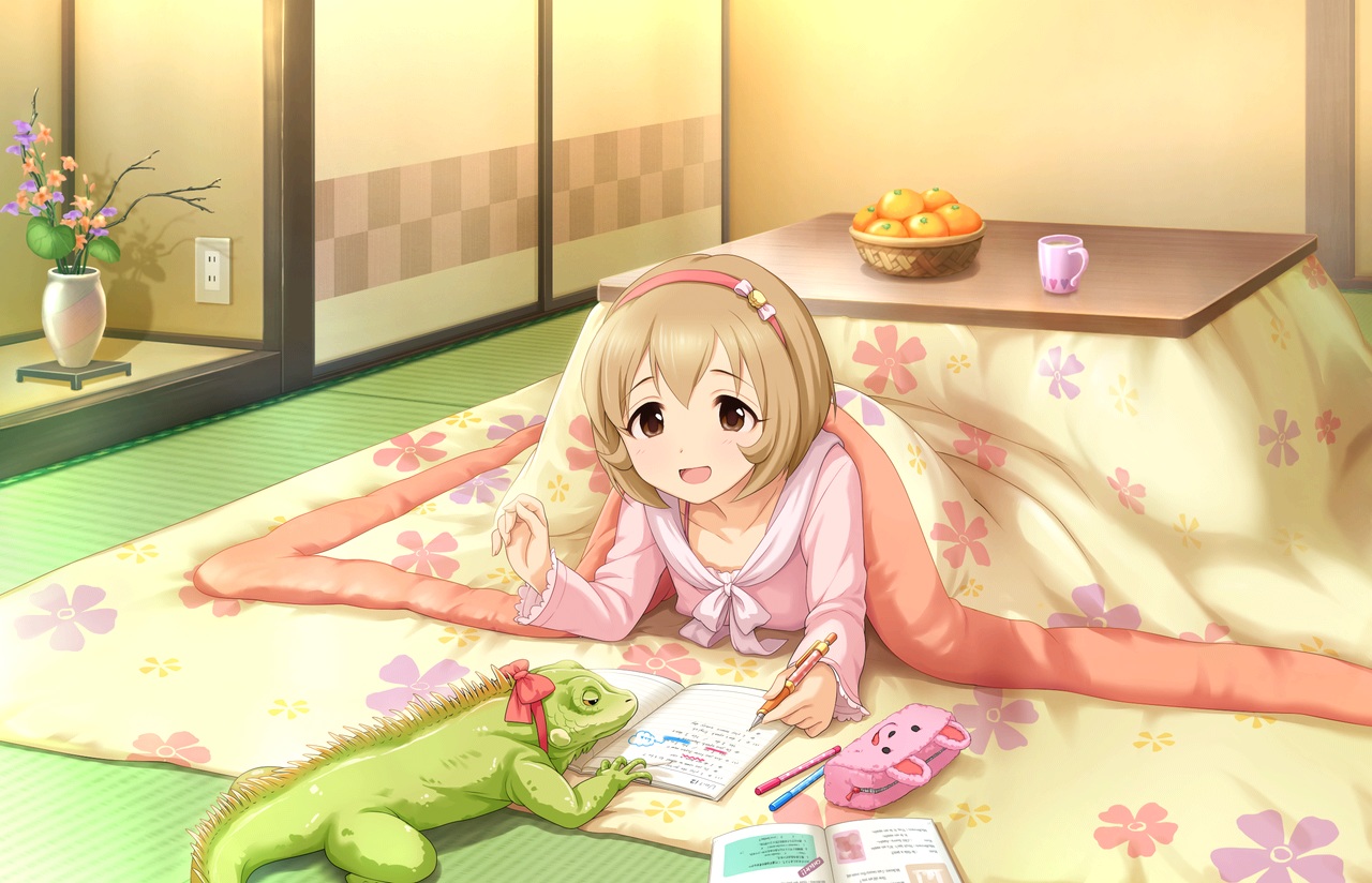 animal, annin_doufu, book, brown_eyes, brown_hair, drink, food, fruit