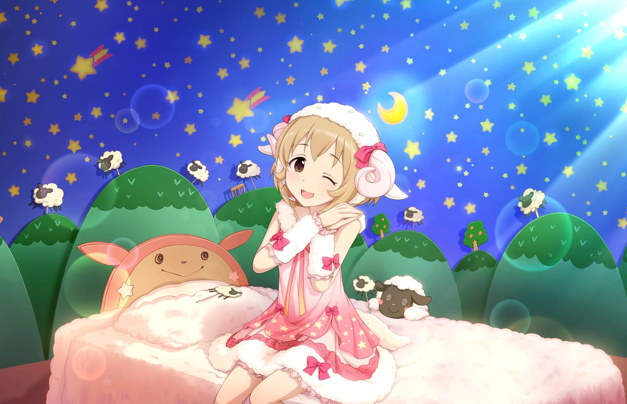 animal_ears, annin_doufu, bow, brown_eyes, brown_hair, dress, headphones, horns