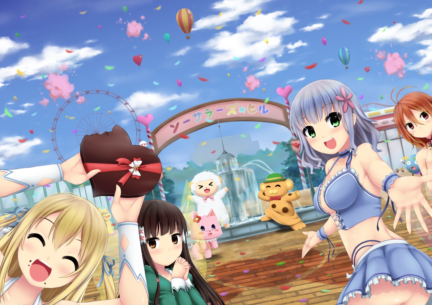 amagi_brilliant_park, ass, blonde_hair, breasts, brown_eyes, brown_hair, clouds, green_eyes