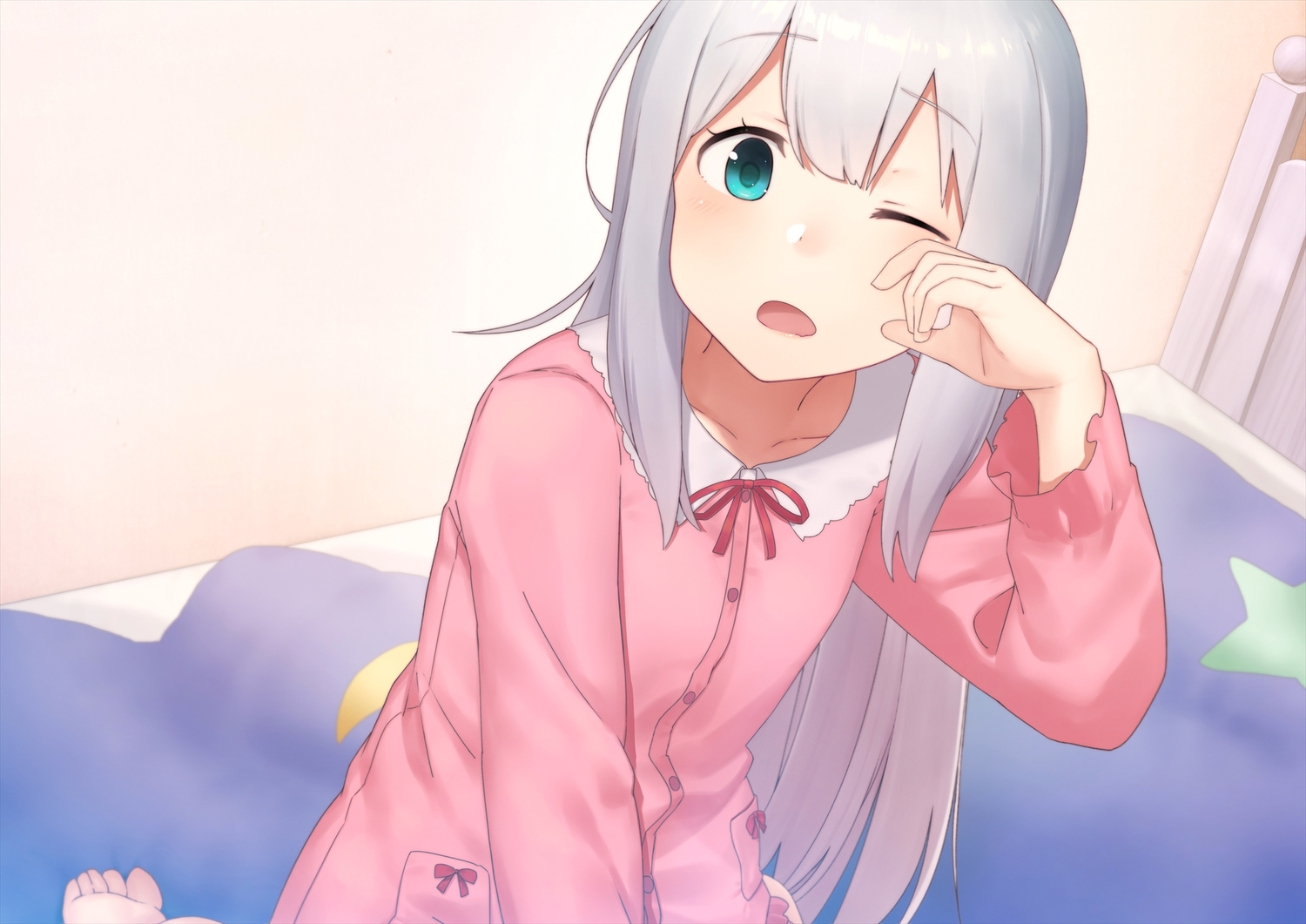 aqua_eyes, barefoot, bed, blush, dacchi, eromanga-sensei, gray_hair, izumi_sagiri