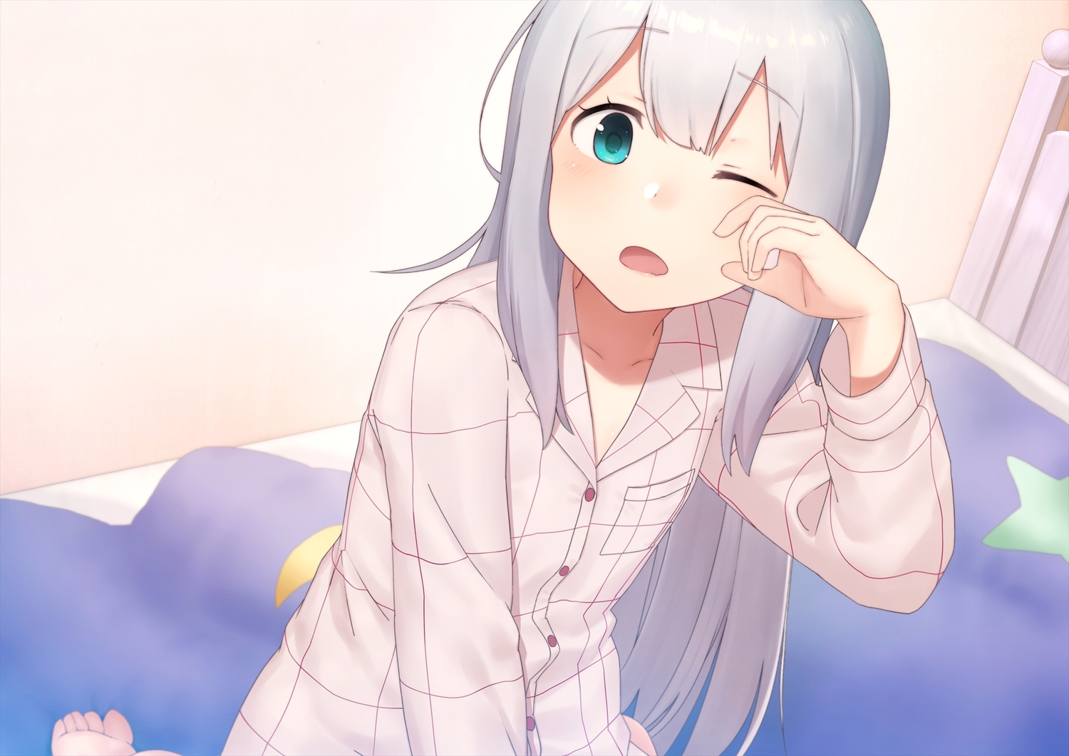 aqua_eyes, barefoot, bed, blush, dacchi, eromanga-sensei, gray_hair, izumi_sagiri