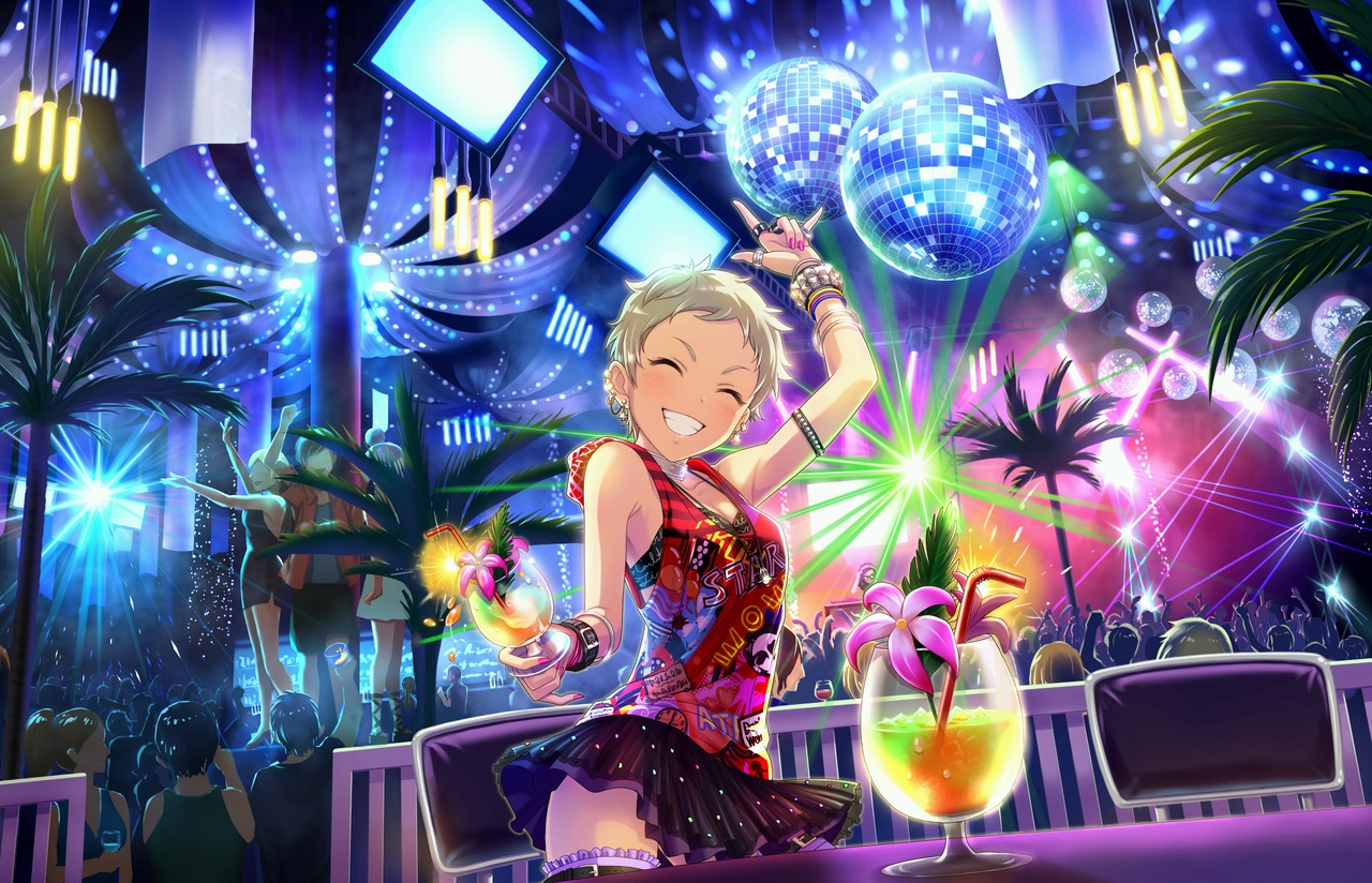 annin_doufu, blonde_hair, blush, bra, breasts, drink, idolmaster, idolmaster_cinderella_girls, idolmaster_cinderella_girls_starlight_stage, senzaki_ema, short_hair, skirt, thighhighs, underwear