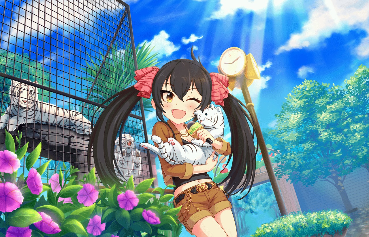 animal, annin_doufu, black_hair, brown_eyes, clouds, flowers, idolmaster, idolmaster_cinderella_girls