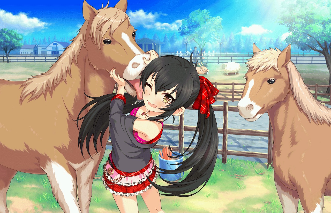 animal, annin_doufu, black_hair, breasts, building, clouds, horse, idolmaster, idolmaster_cinderella_girls, idolmaster_cinderella_girls_starlight_stage, loli, long_hair, matoba_risa, necklace, skirt, sky, tree, twintails, yellow_eyes