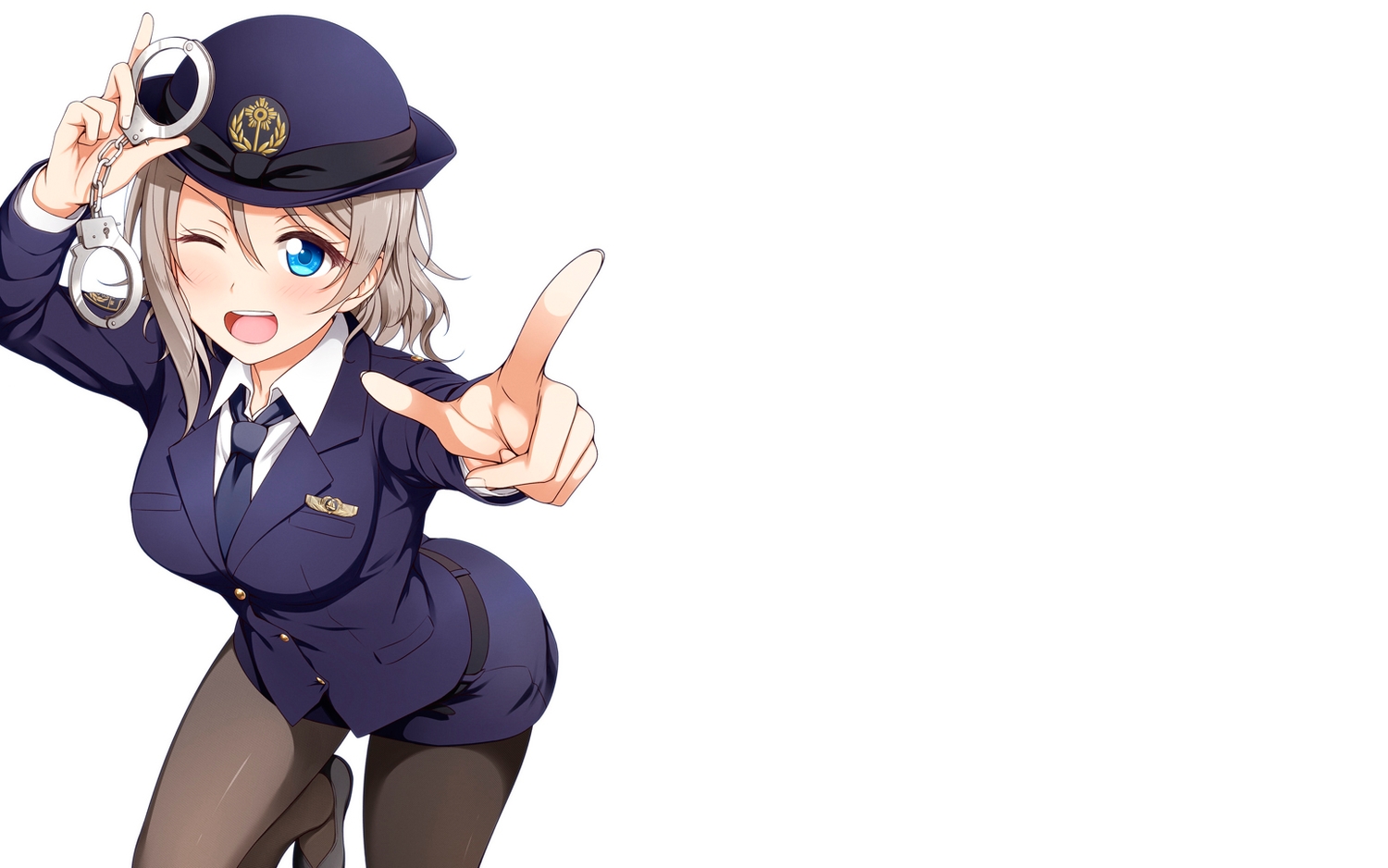aqua_eyes, blush, breasts, brown_hair, hat, love_live!_school_idol_project, love_live!_sunshine!!, pantyhose