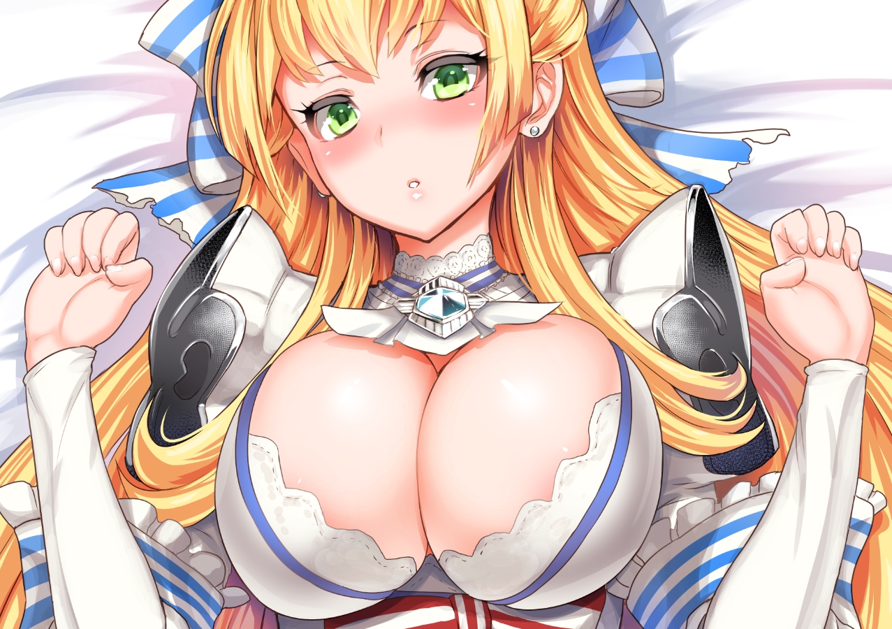 blonde_hair, blush, breasts, cendrillion_(wonderland_wars), cleavage, green_eyes, long_hair, miyamoto_issa, wonderland_wars