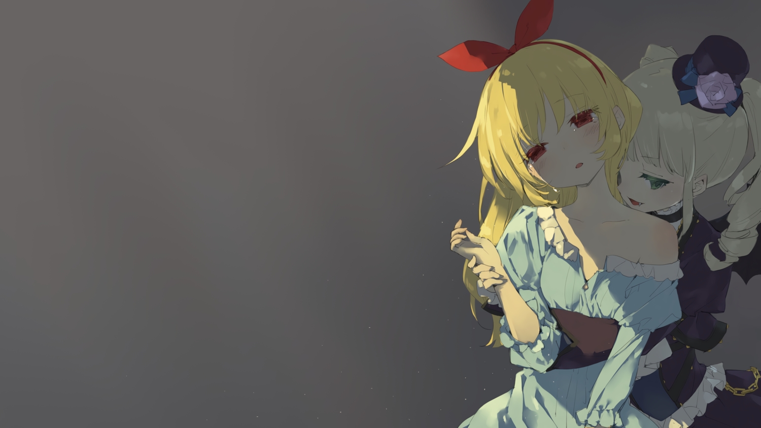 2girls, aikatsu!, blonde_hair, blush, dress, gray, green_eyes, hat