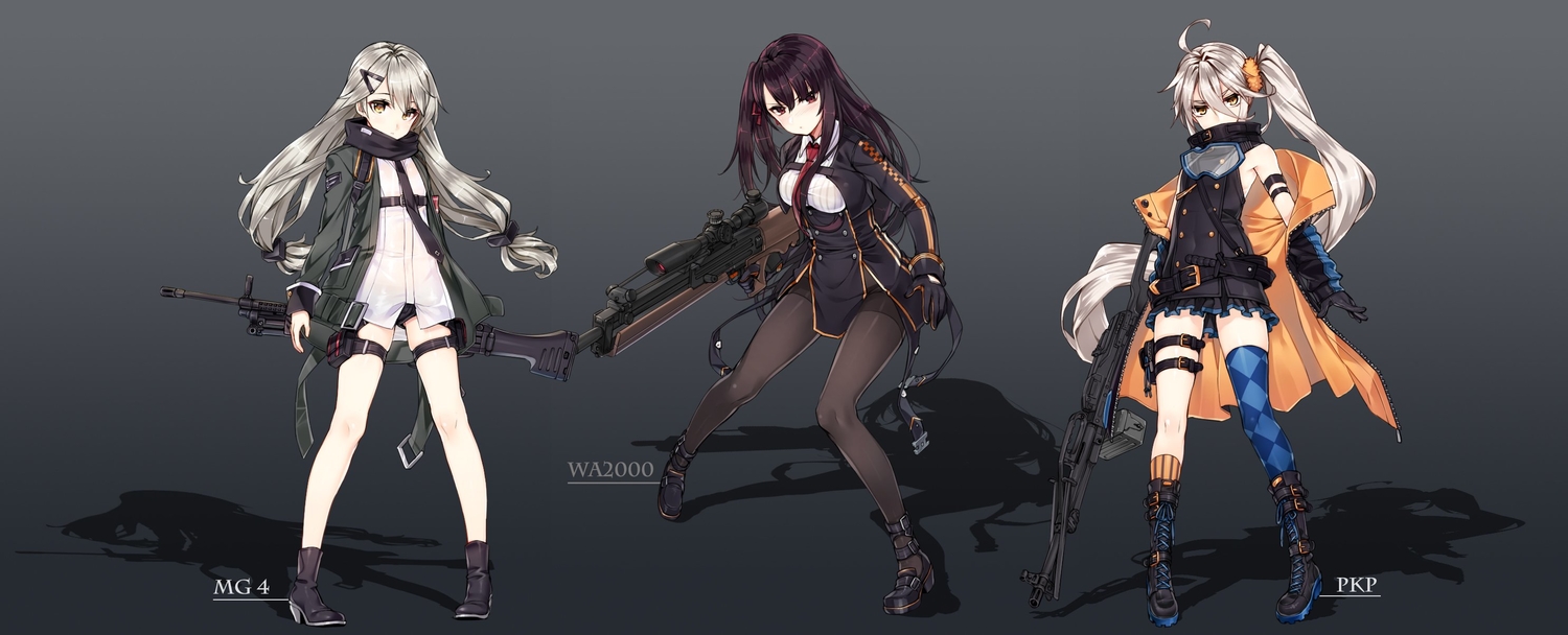 anthropomorphism, breasts, girls_frontline, gloves, gradient, gray_hair, gun, jpeg_artifacts, long_hair, mg4_(girls_frontline), pantyhose, pkp_(girls_frontline), ponytail, scarf, see_through, shorts, tagme_(artist), thighhighs, tie, twintails, wa2000_(girls_frontline), weapon, yellow_eyes