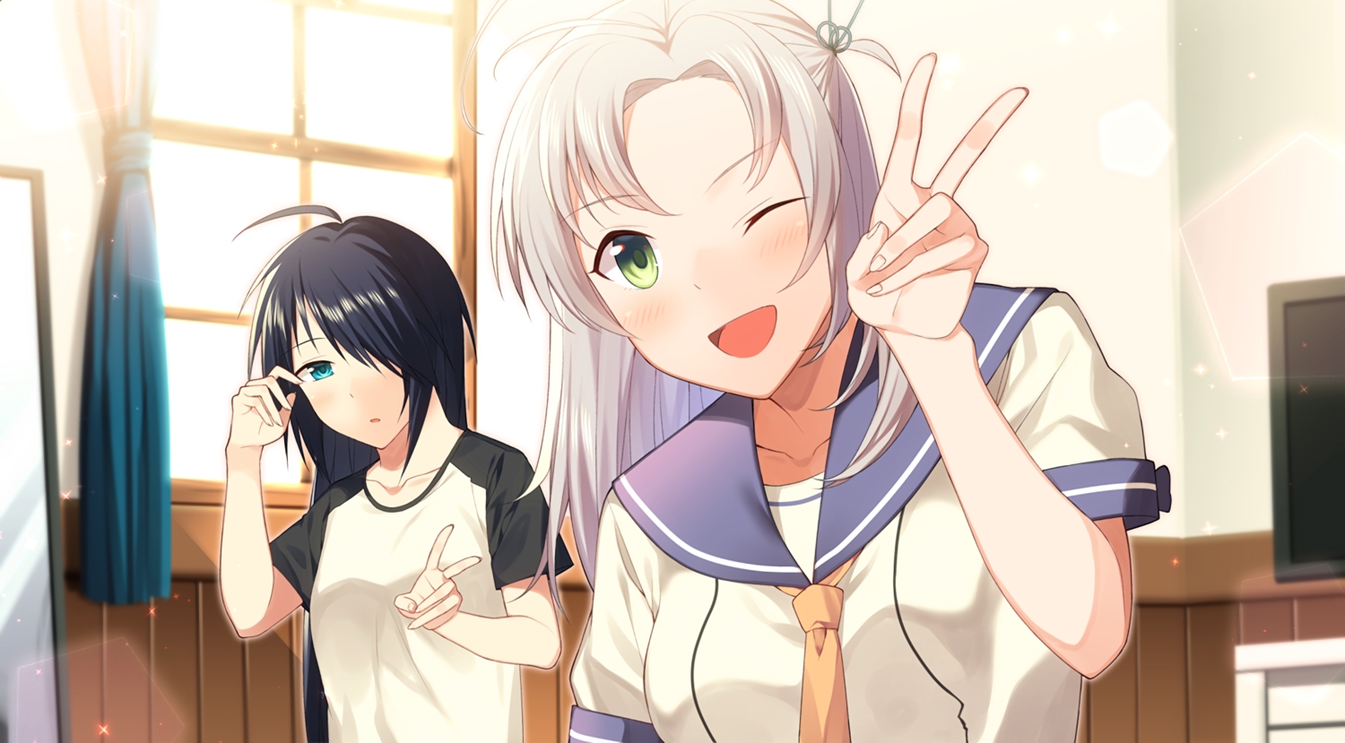 2girls, anthropomorphism, aqua_eyes, blonde_hair, blush, gray_hair, green_eyes, kako_(kancolle)