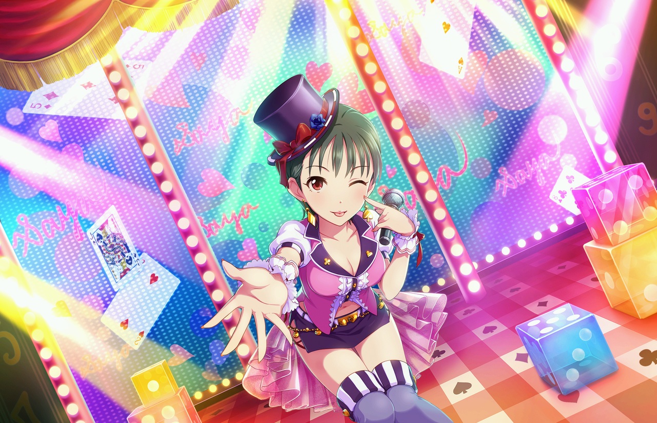 annin_doufu, bow, breasts, green_hair, hat, idolmaster, idolmaster_cinderella_girls, idolmaster_cinderella_girls_starlight_stage, matsubara_saya, microphone, navel, red_eyes, short_hair, skirt, thighhighs, wink