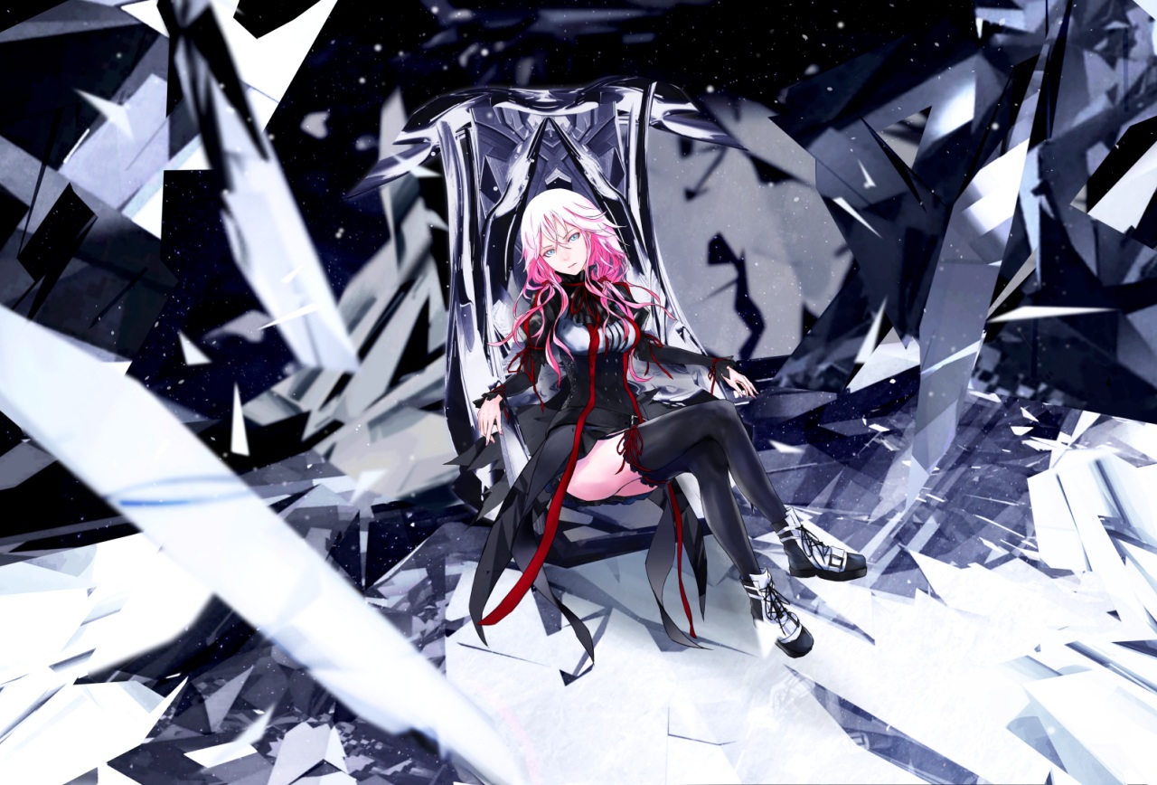 aqua_eyes, breasts, dress, guilty_crown, long_hair, pink_hair, ribbons, tanikku, thighhighs, yuzuriha_inori