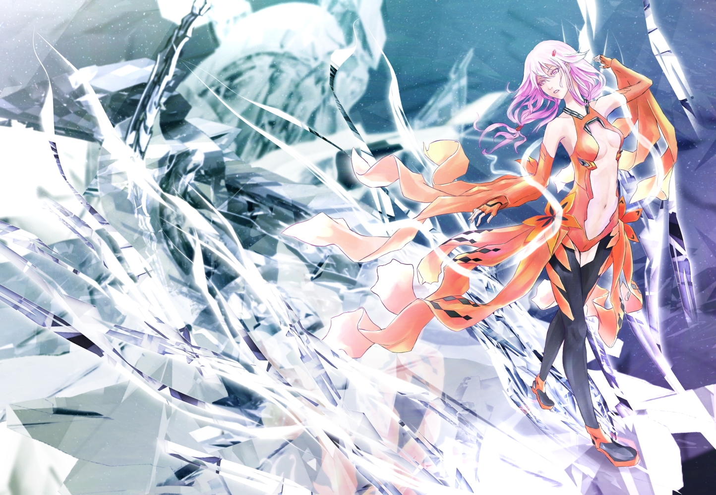 breasts, guilty_crown, navel, pink_eyes, pink_hair, tanikku, yuzuriha_inori
