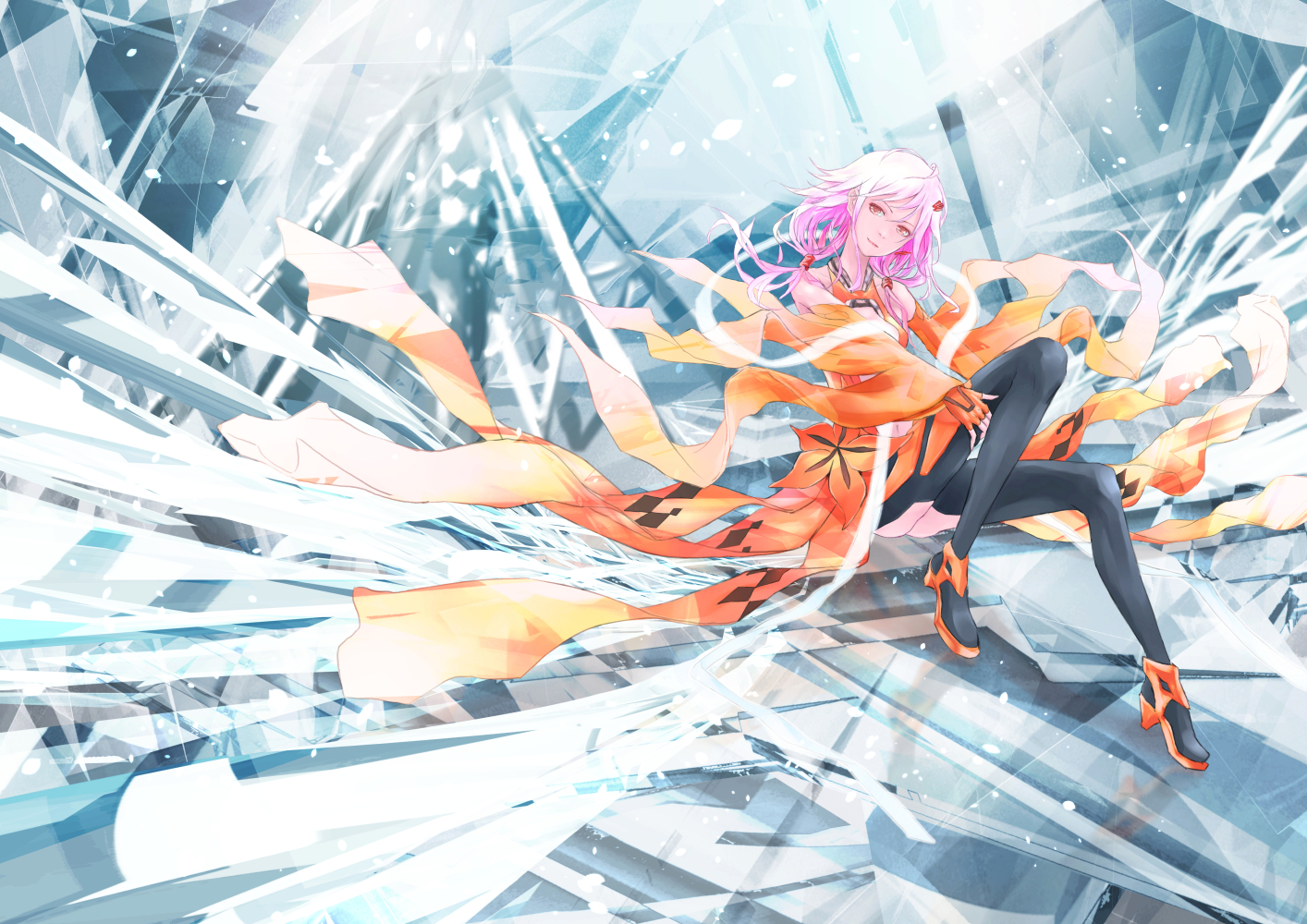 guilty_crown, long_hair, navel, pink_eyes, pink_hair, tanikku, thighhighs, yuzuriha_inori