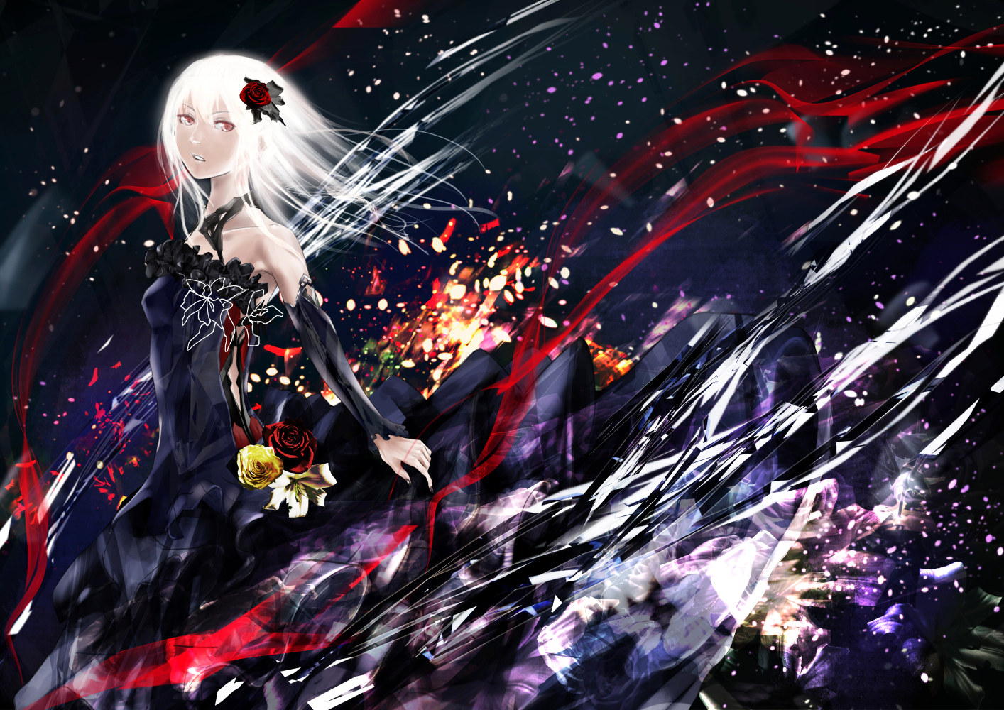 dress, flowers, guilty_crown, long_hair, red_eyes, tanikku, white_hair, yuzuriha_inori